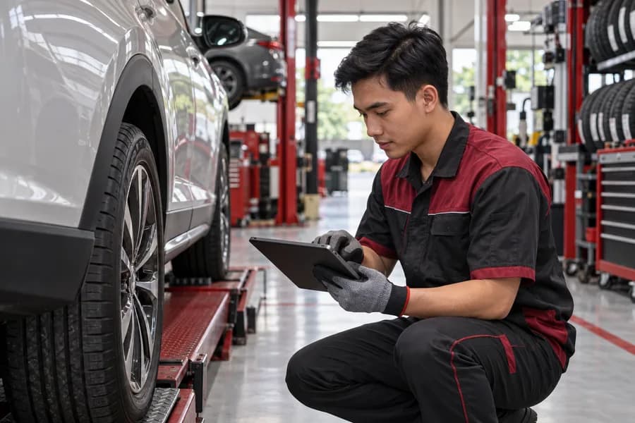 Kỹ thuật viên ghi nhận kết quả kiểm tra lốp trên máy tính bảng