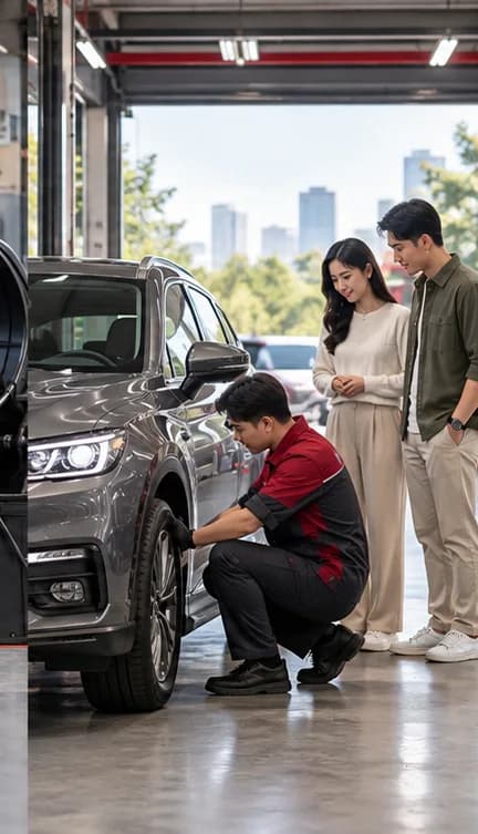 Kỹ thuật viên kiểm tra xe trước khi bàn giao